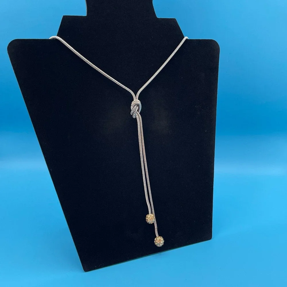 Banana‎ Republic Lariat Necklace Women Silver Tone Knot Pave Ball Snake Chain